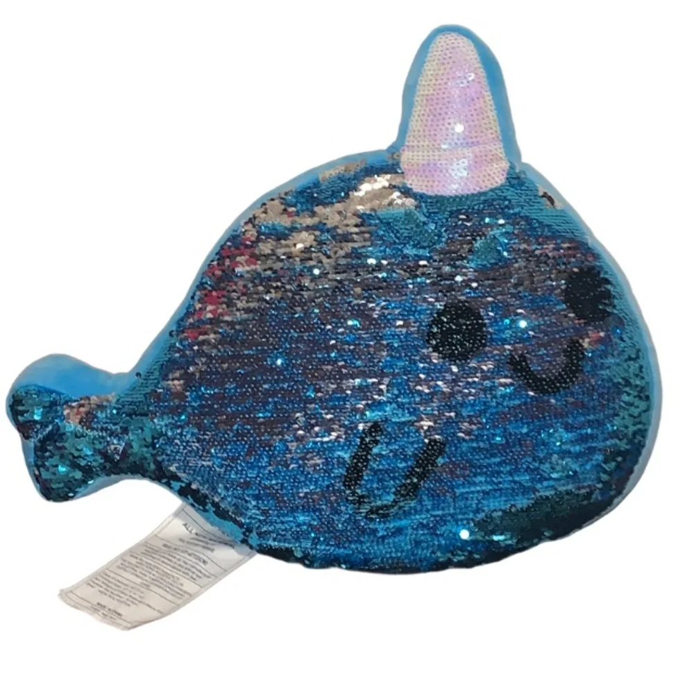 Justice Narwhal Reversible Sequin Flip Blue Silver Unicorn Fish Pillow Kawaii